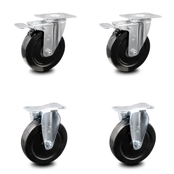 5 Inch Hard Rubber Wheel Swivel Top Plate Caster Lock Brakes 2 Rigid SCC, 2PK